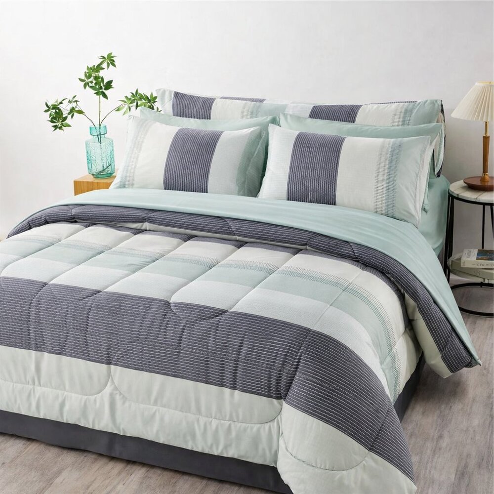 Sage Green Striped Comforter Set, Geometric Lightweight Soft Bedding With Sheets - Picture 3 of 3